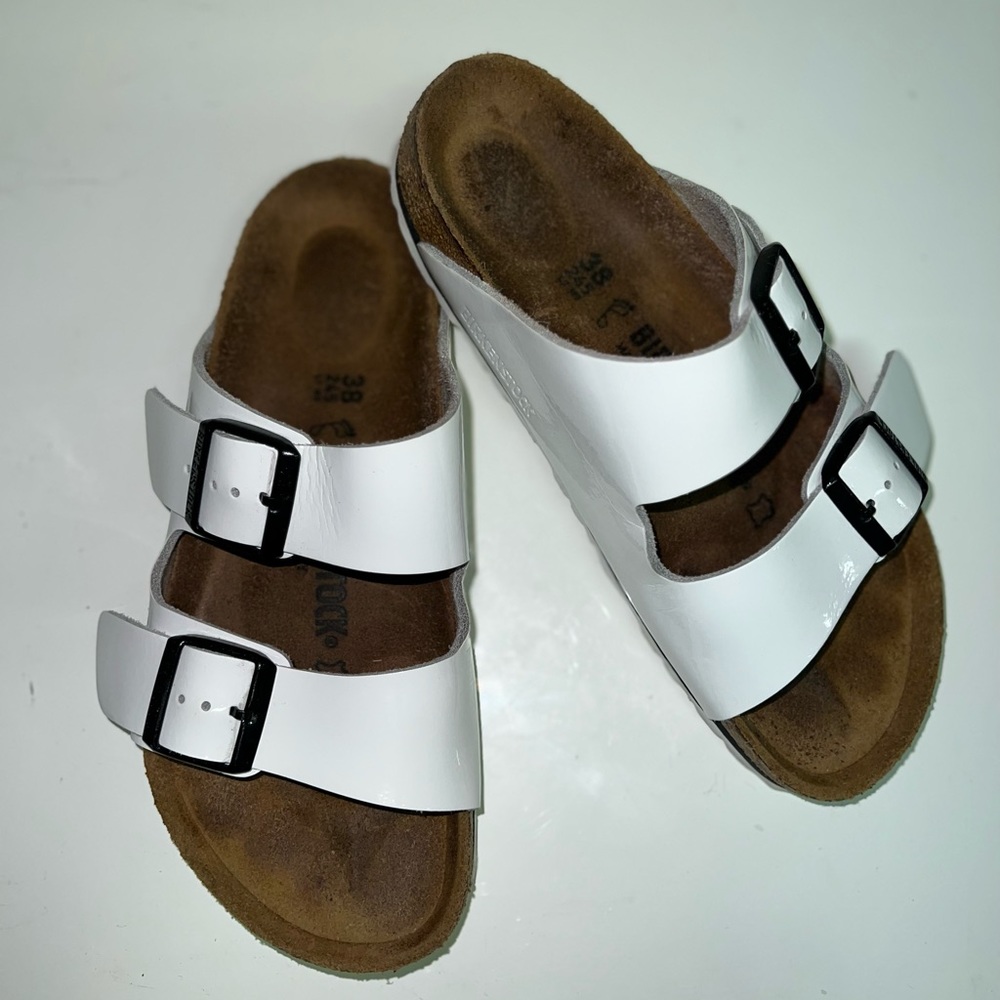 White patent leather Birkenstock Arizonas